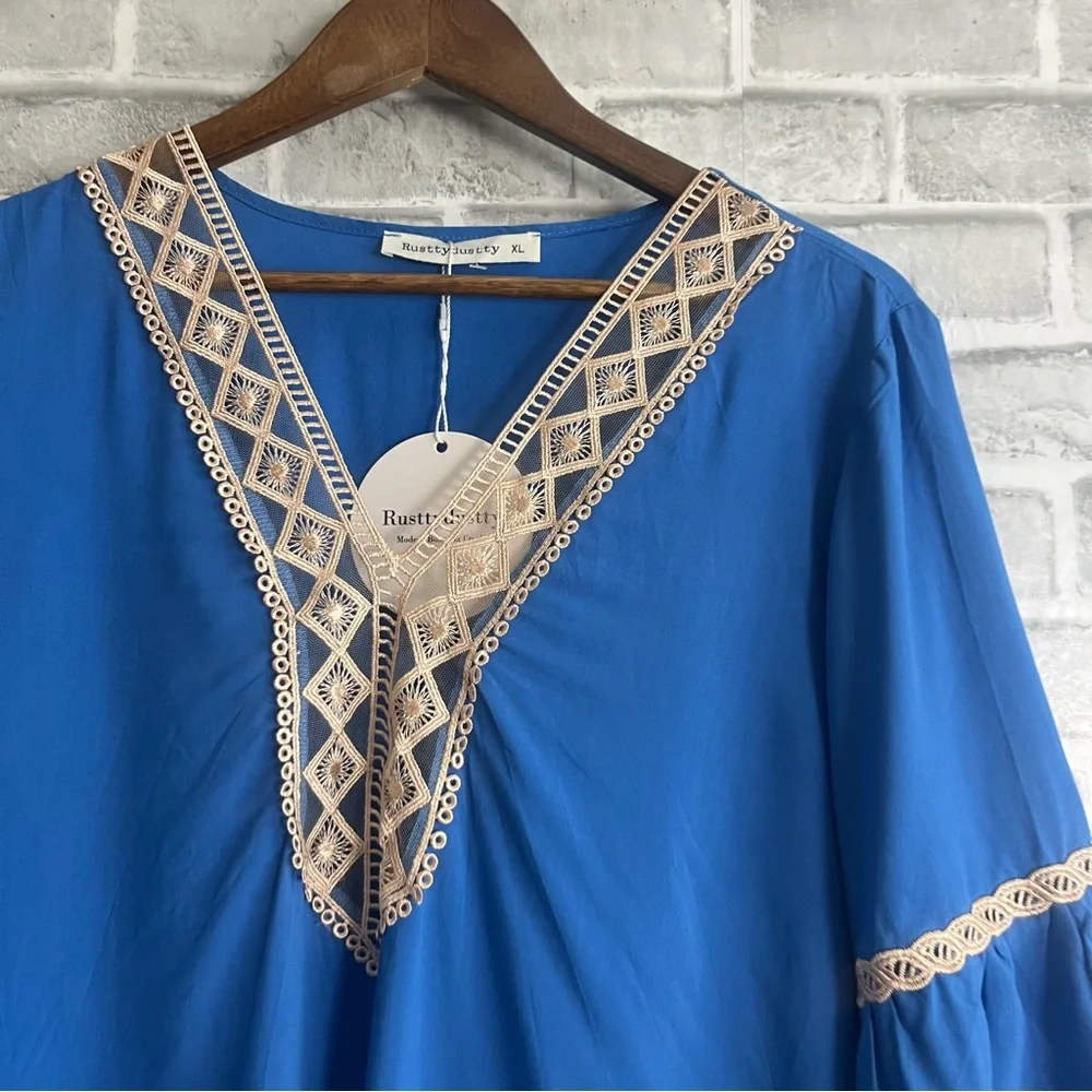 Blue Lace Trim Blouse - Picture 2 of 8